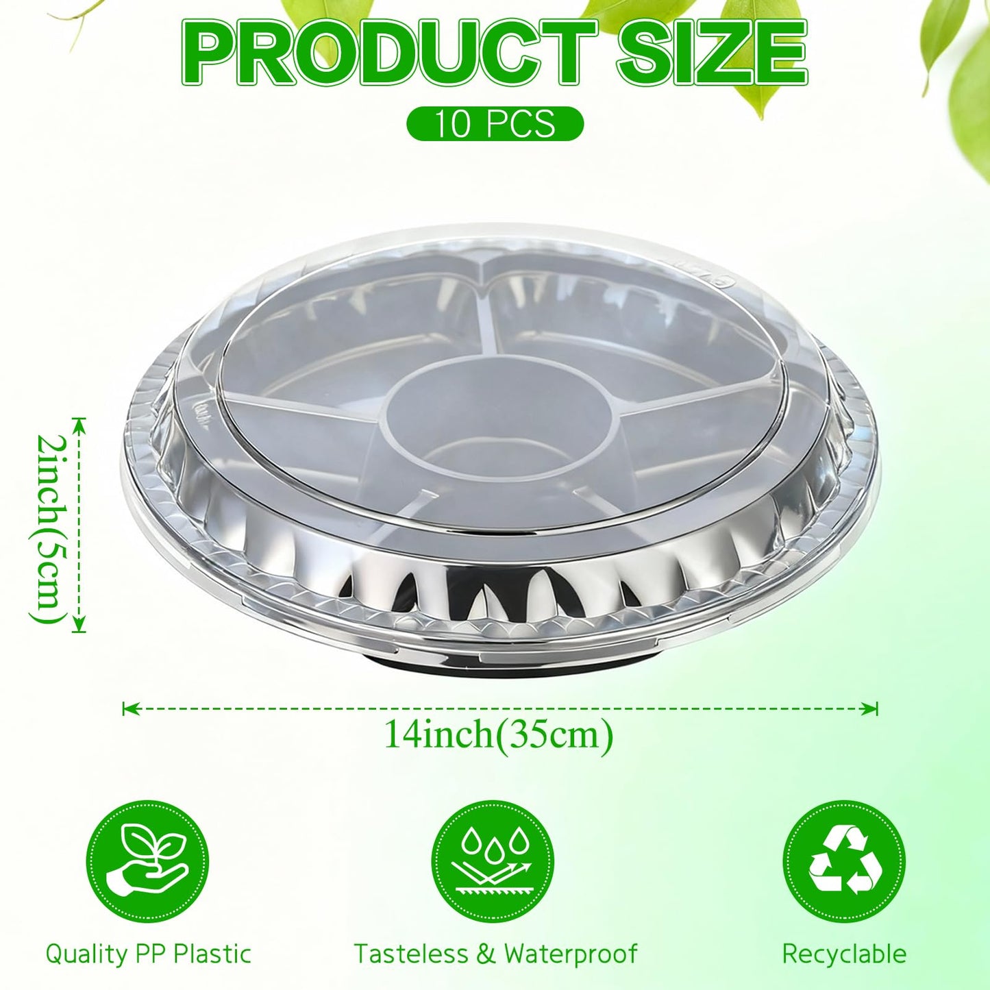 mwellewm 10 Pcs Round Plastic Appetizer Tray with Lid Divided Serving Tray, Disposable Food Storage Containers, Plastic Tray Storage, Kids Snack, Fruit Platter Vegetable Trays for Party and Buffet