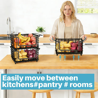 2 Pack Stackable Metal Wire Vegetable Fruit Basket for Kitchen Counter Cabinet, Pantry Organizers and Storage Basket, Food Can Snack Onion Potato Bread Storage Shelf Freezer Organizer Bins Containers