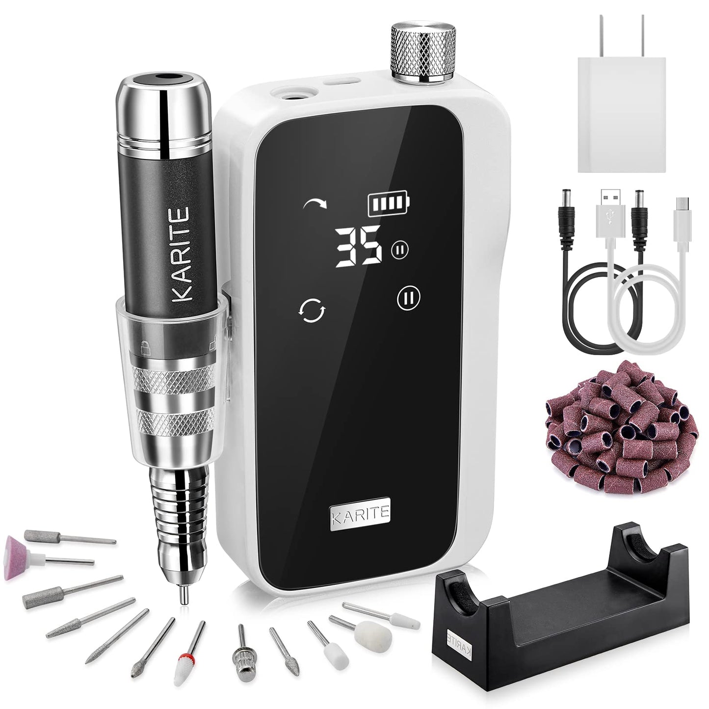 Karite Professional Nail Drill Machine for Acrylic Nails, 35000 RPM Electric Nail File with 13 Bits, 30 Sanding Bands – USB Rechargeable, Portable Electronic Nail Filer for Home Salon Manicure Tools