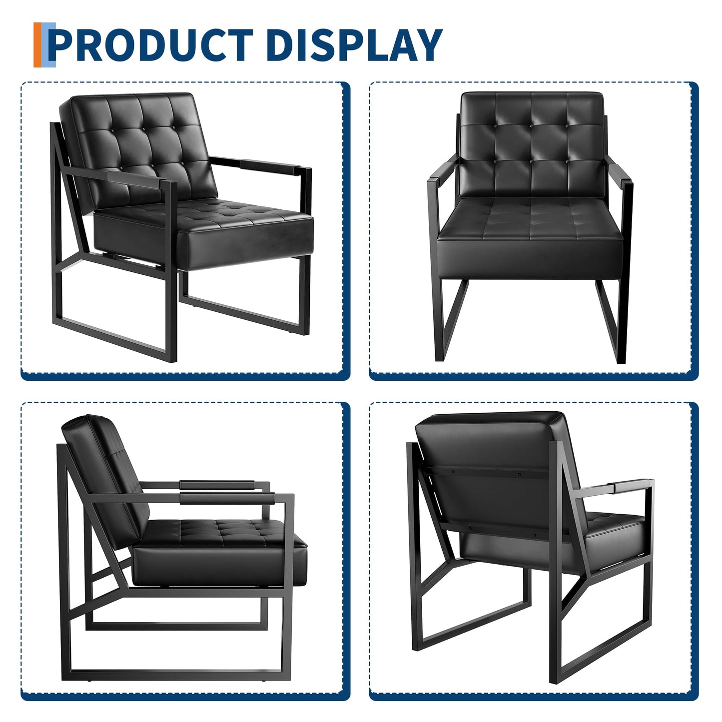 GarveeLife Mid Century Modern Accent Chair, PU Leather Upholstered Armchair with Thick Cushion & Sturdy Metal Frame, Retro Lounge Chair for Living Room Bedroom Office Lobby Waiting Room, Black 2 Pack
