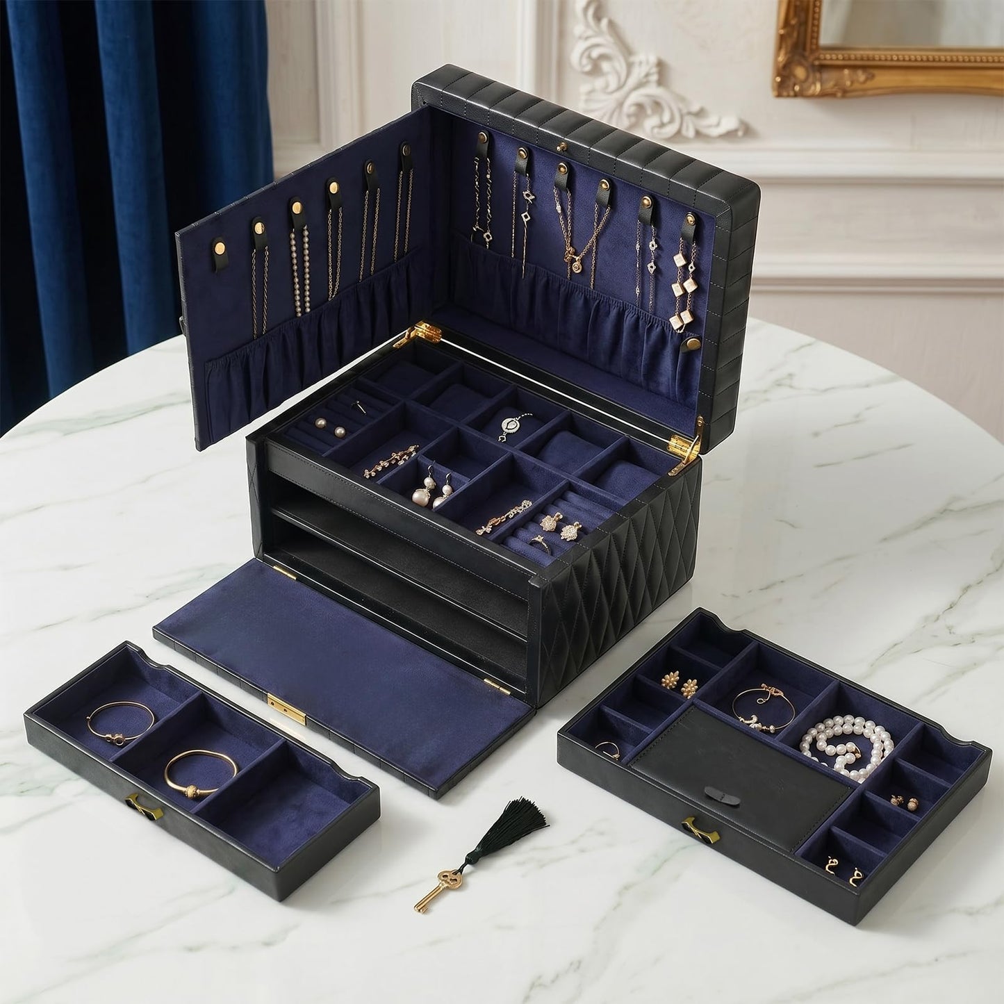 Homruilink Genuine Leather Jewelry Box - 3 Layer Large Jewelry Organizer with Mirror, Lockable Jewelry Box for Women - Necklace, Ring, Earring Organizer with Drawer - Ideal Gift (Black)