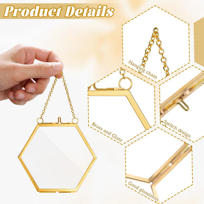 Yuanan 8 PCS Double Glass Frame for Pressed Flowers Handmade, 4 X 3 Inch Pressed Flower Frames with Metal Chain Brass Hanging Glass Frame for DIY Dried Flower, Art Display and Wall Decoration-Gold