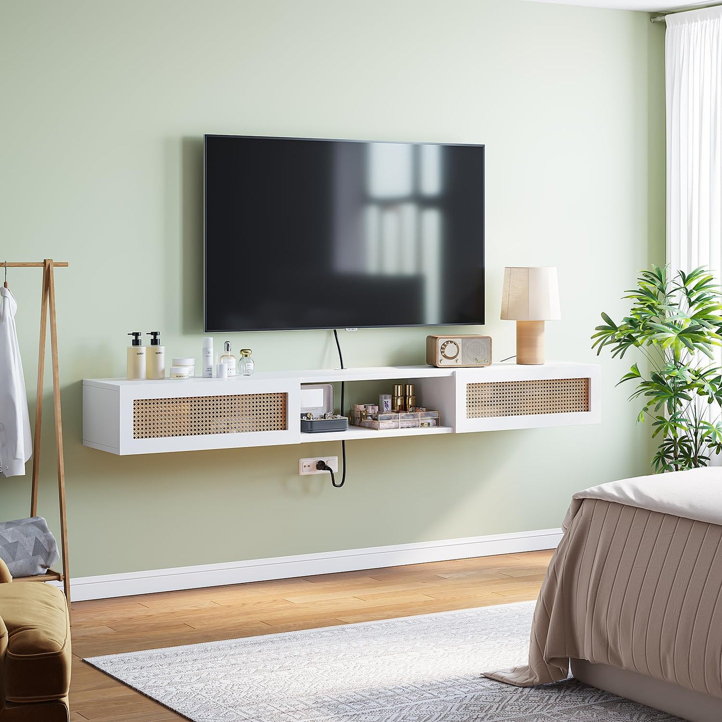 FurniNova 70" Floating TV Stand with Rattan Doors,Boho Wall Mounted Media Console Entertainment Center with 3 Cabinets,White