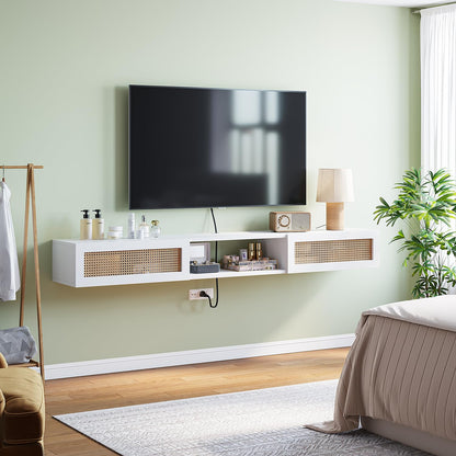 FurniNova 70" Floating TV Stand with Rattan Doors,Boho Wall Mounted Media Console Entertainment Center with 3 Cabinets,White