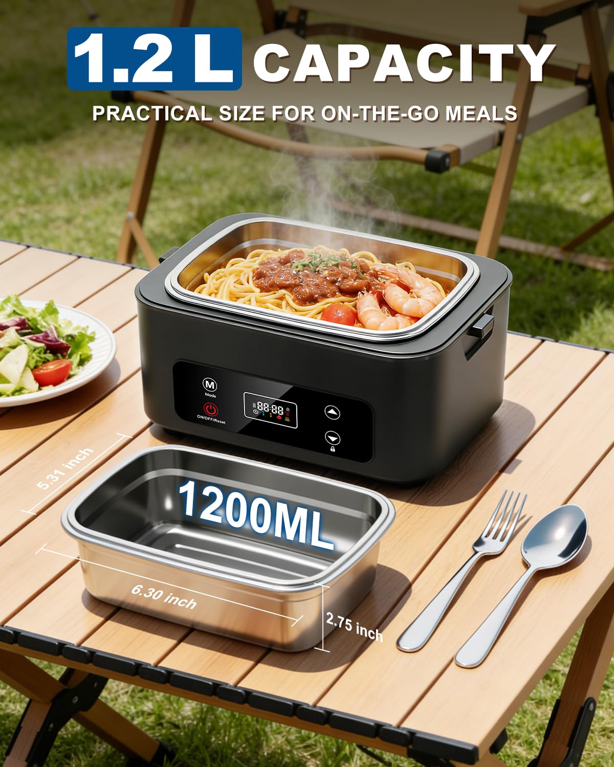 Moexili Electric Lunch Box, 2026 Upgraded 1.2L Cordless Heated Lunch Box,24000mAh Battery Powered Food Warmer with Timer, 5-Sided Heating, Leakproof, for Office, Outdoors & Truck