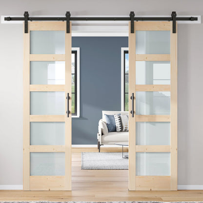 ROYMELO Double 24×84 inch Glass Sliding Barn Door Slab with 8ft Hardware Kit Included, 5-Panel Frosted Glass, Spruce Wood Support DIY Dyeing, Easy Assembly