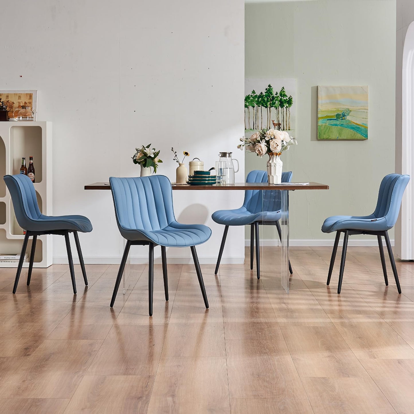 YOUNUOKE Mid-Century Modern Dining Chairs Set of 2, Blue PU Leather Upholstered Kitchen Chairs with Black Metal Legs, Armless Accent Chair for Dining Room, Guest Reception Room