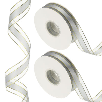 PATIKIL 100 Yards x 1" Organza Chiffon Gold Edge Ribbon, Gold and Gray Candy Satin Striped Sheer Craft Ribbons for Bows Making, Gift Wrapping, Wreath, Birthday Wedding Decoration