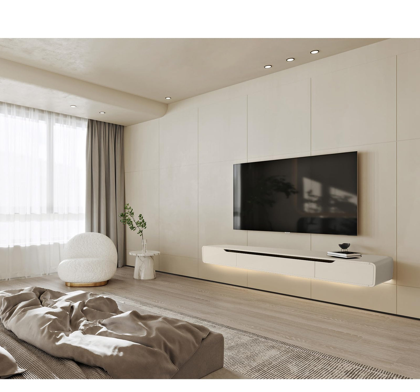 FurniNova High Gloss Floating TV Stand with 3 Doors,47'' Wall Mounted TV Cabinet,Under TV Console,Floating Media Shelft for Bedroom Living Room(White)