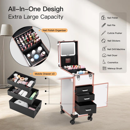 Rolling Portable Manicure Table with 3 Drawers, Lockable Makeup Train Case with Detachable Mirror, Foldable Nail Desk with Wheels & Handle, Mesa de Uñas Profesional para Nail Techs & Salon Use, White