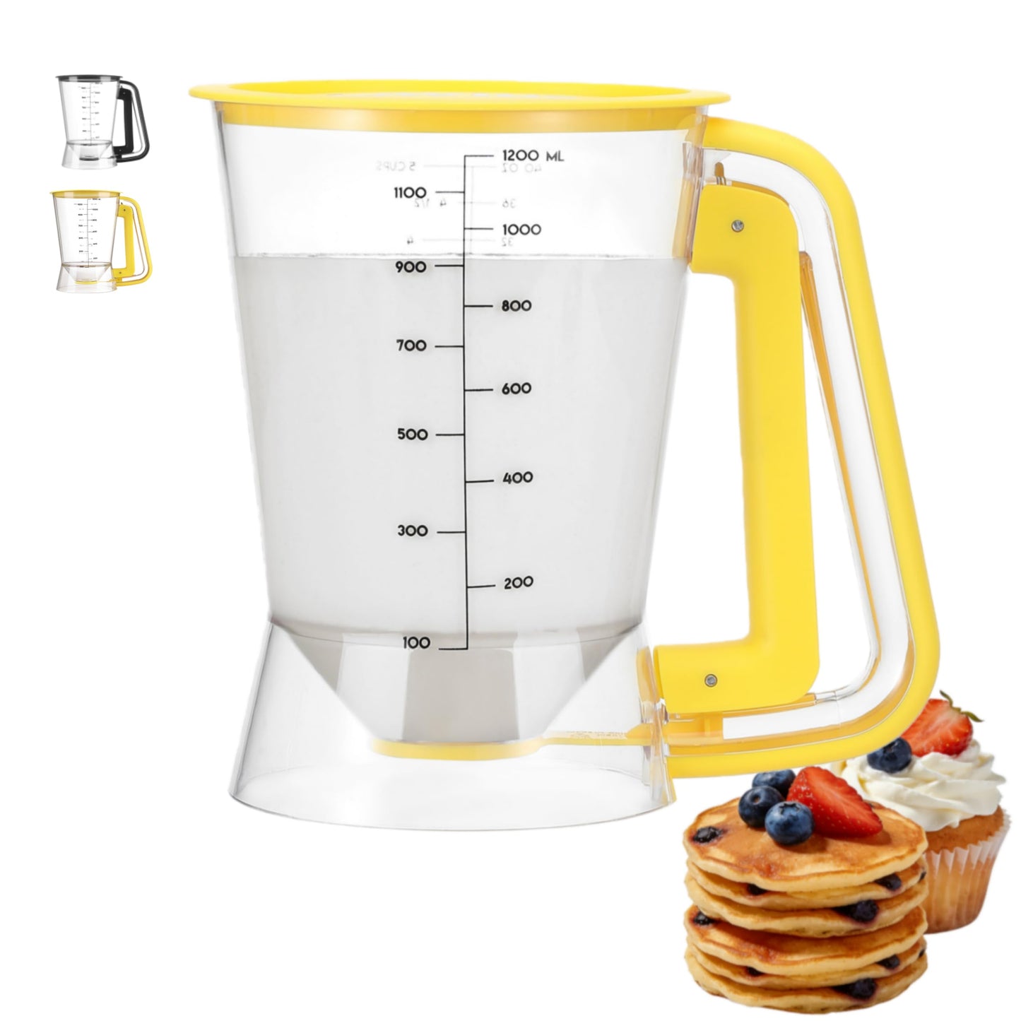 Lavius Pancake Batter Dispenser 5-Cup Batter Pourer for Maker Pancakes, Waffles, Crepes, Muffins, Cupcakes, Easy Squeeze Grip Handle with Proof Nozzle, Precise Baking Tools（Yellow）