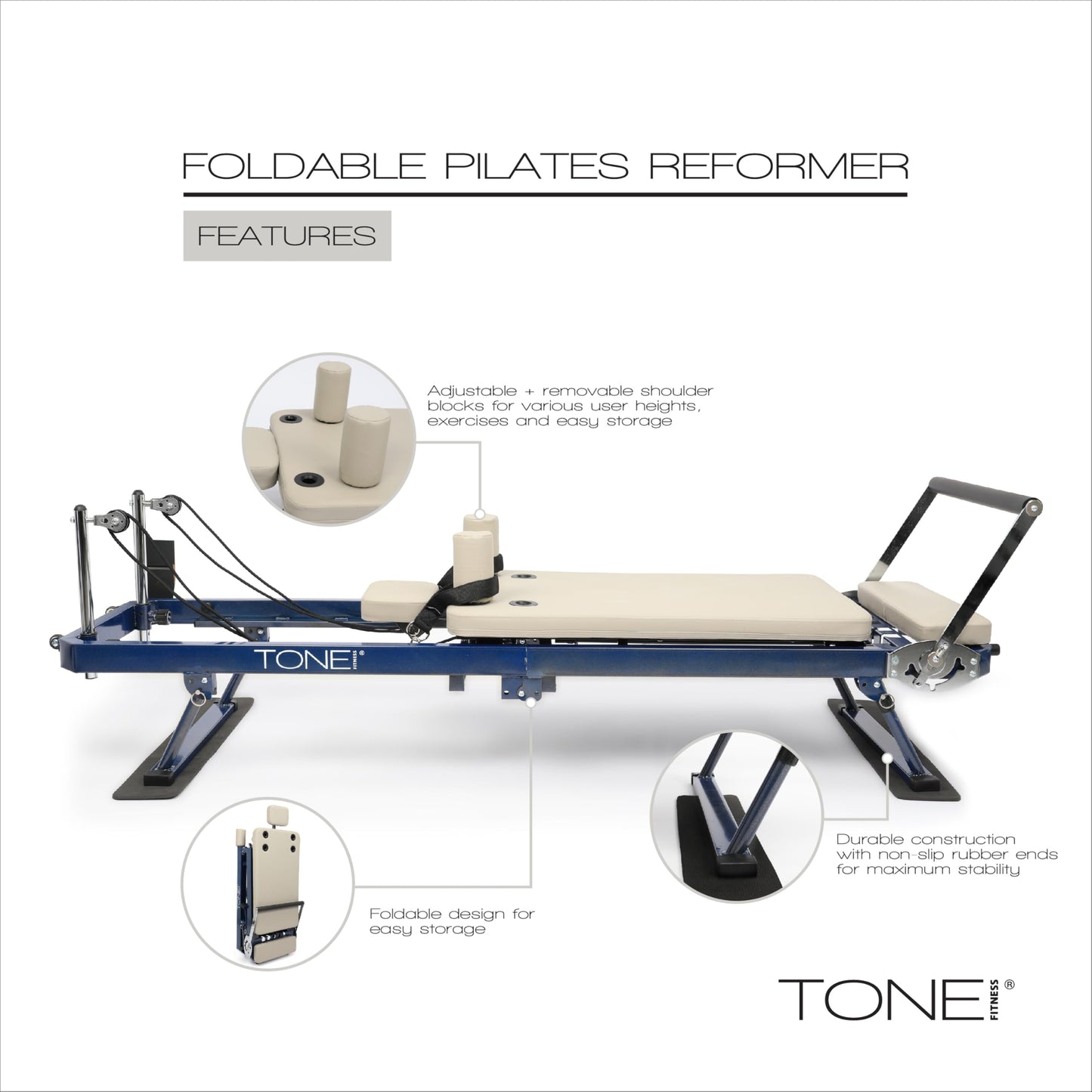 Tone Fitness Foldable Pilates Reformer – Portable Pilates Machine with Adjustable Resistance Bands, Smooth Glide Carriage & Full-Body At-Home Pilates Workout Equipment