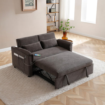 55" Convertible Futon Sofa Bed, Velvet 3 in 1 Sleeper Sofa Bed, Pull Out Couch with USB Ports & 2 waist pillows, Adjustable Backrest Loveseat Sofa, Small Couches for Living Room Apartment, Taupe Brown