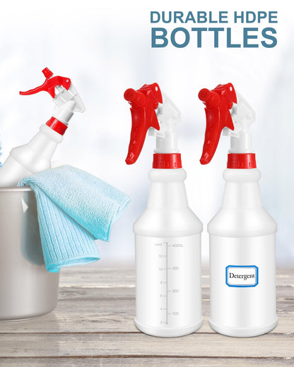 Eccliy 20 Pack 16oz Empty Spray Bottles, Leakproof Cleaning Bottles with Measurement and Adjustable Nozzle for Housekeeping, Commercial Use(Cylinder,Red White Spray Head)
