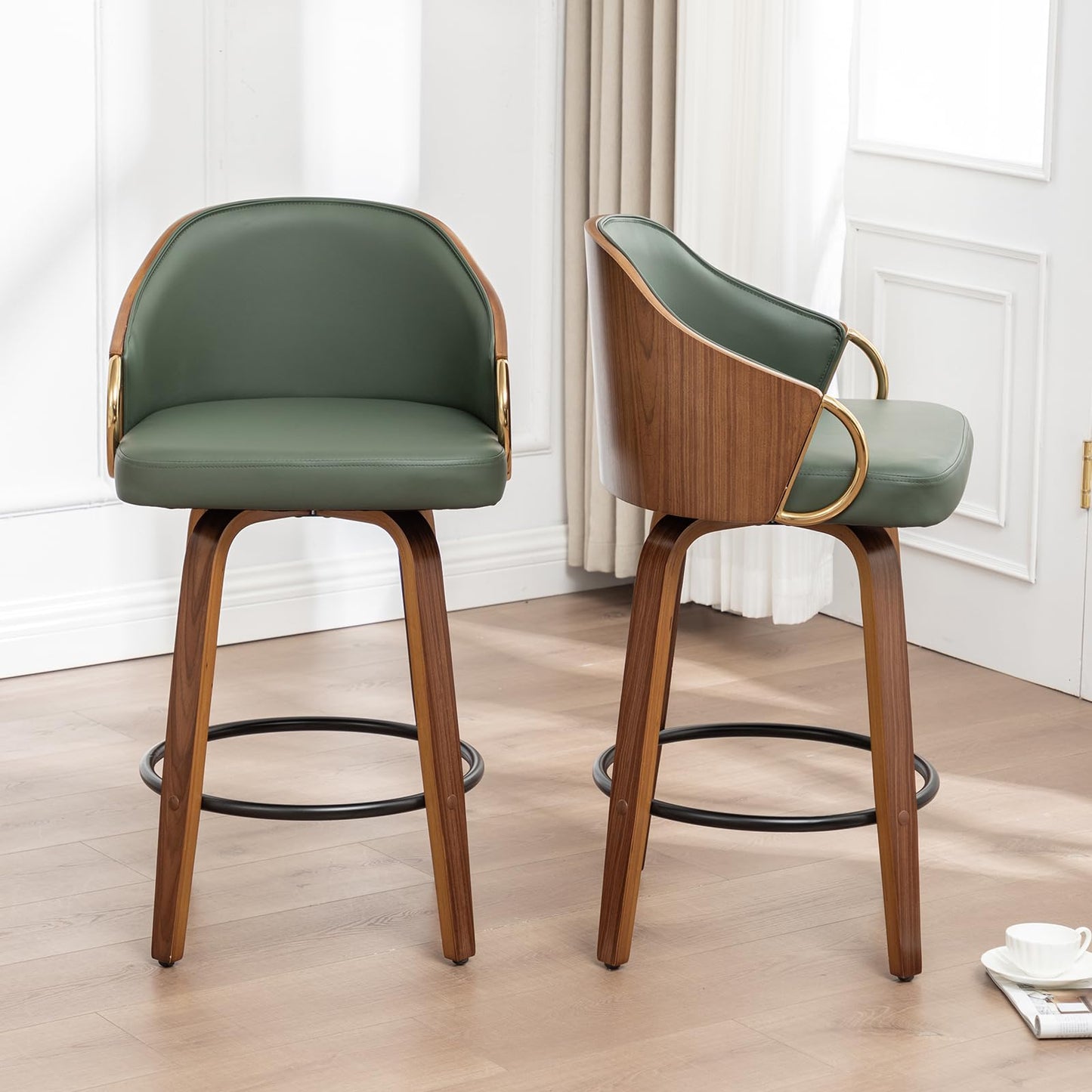 YOUUGIOR 24.8" Swivel Counter Height Bar Stools Set of 3,Green Leather Barstools Mid Century Modern Bar Chairs with Wood Legs and Golden Arms for Kitchen Dining Pub Cafe