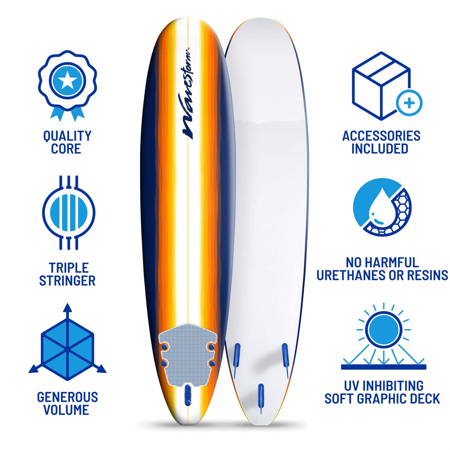 Wave Storm 8ft Surfboard // Foam Wax Free Soft Top Longboard for Adults and Kids of All Levels of Surfing,Mix,AZ22-WSSF800-B