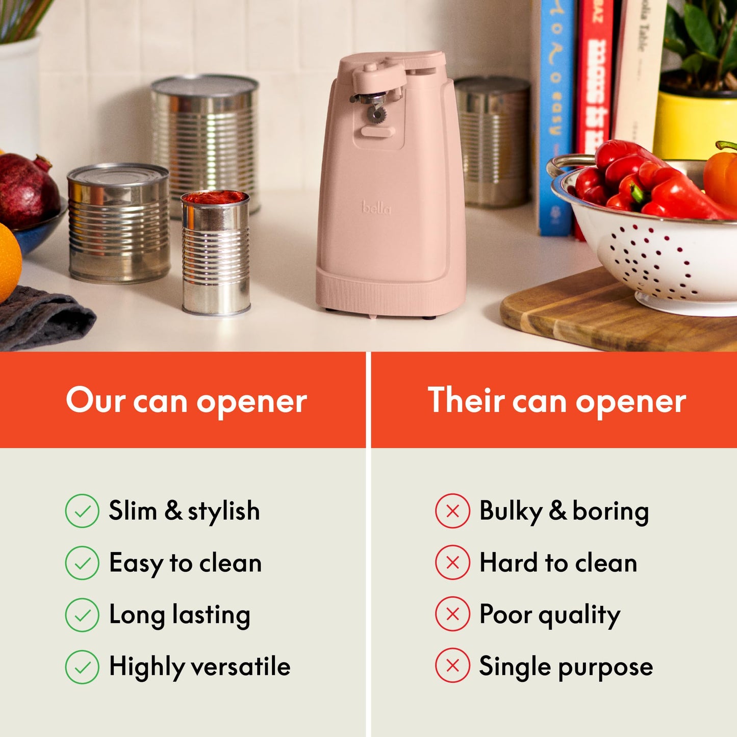 bella Electric Can Opener and Knife Sharpener, Removable Cutting Lever, Cord Storage, Stainless Steel Blade, Blossom