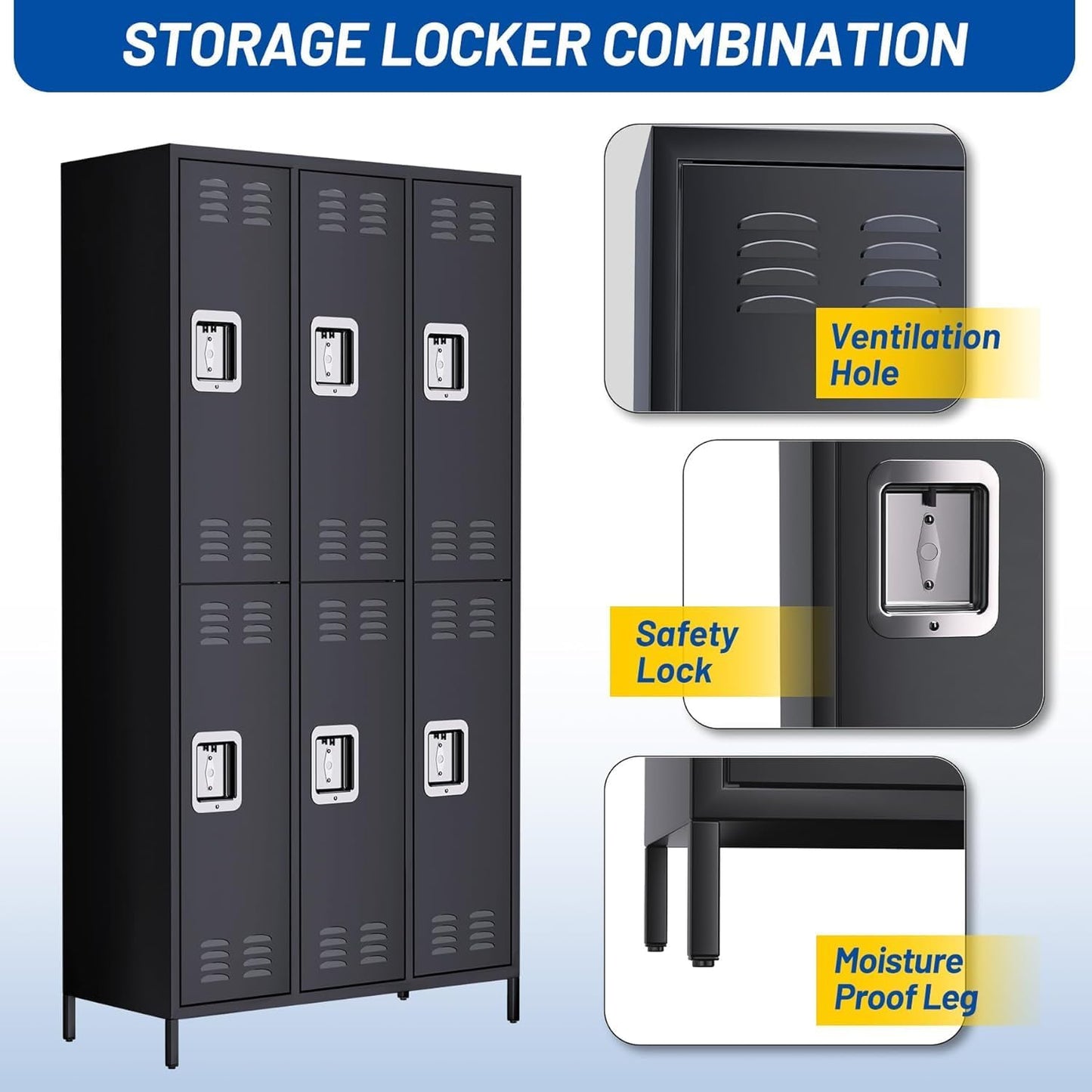 IDEALHOUSE Metal Lockers - 6 Doors Lockable Storage Locker, Sturdy Steel Cabinet with Shelves, Space-Saving Design for Home, Gym & Fire Department, Black