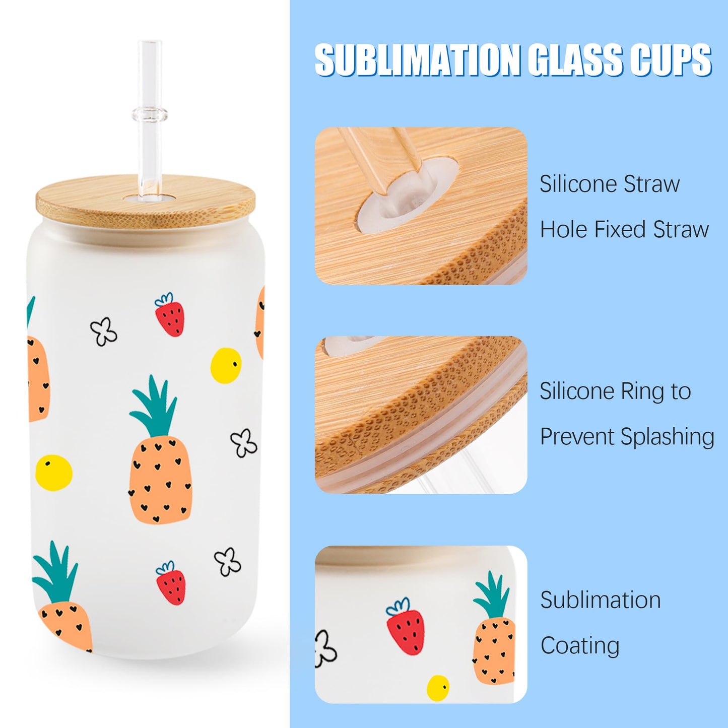 Joyclub 12 Pack Sublimation Blanks Bulk Frosted Glass Cups with Lids and Straws 16oz, Sublimation Glass Tumbler Beer Can Shaped Mugs for Iced Coffee Smoothie Soda Boba Tea DIY Gift Small Business