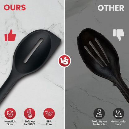 Silicone Spoons for Cooking, 600°F Heat Resistant Cooking Spoon with Solid & Slotted Spoon for Mixing, Serving, Stirring, Scraping, BPA Free Silicone Kitchen Utensil Set, Dishwasher Safe (2Pcs, Black)