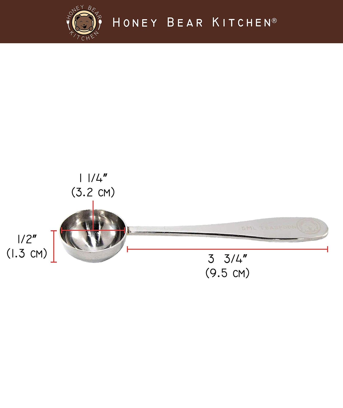 Honey Bear Kitchen 5 ml Teaspoon Measuring Scoop Spoons, Polished Stainless Steel, Set of 2