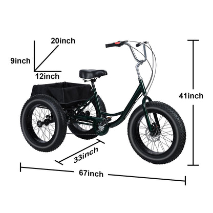 Adult Tricycle, 20 Inch Fat Tire Trike for Adults, 20" X 4" Tires, 7 Speeds, Loads 450lbs, Double Disc Brake, Anti-Slip Pedals, 3 Wheel Bikes for Adult, Large Shopping Basket for Commuting (BlackB)