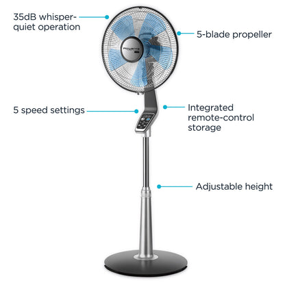 Rowenta Pedestal Fan, 53 Inches, Ultra Quiet Oscillating Fan for Bedroom, Portable, 5 Speeds, Refresh Up to 23-Feet, Silver, Indoor, VU5670