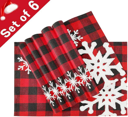 Christmas Red Plaid Snowflake Placemats, Set of 6, Heat-Resistant, Washable Table Mats for Kitchen Dining Decoration