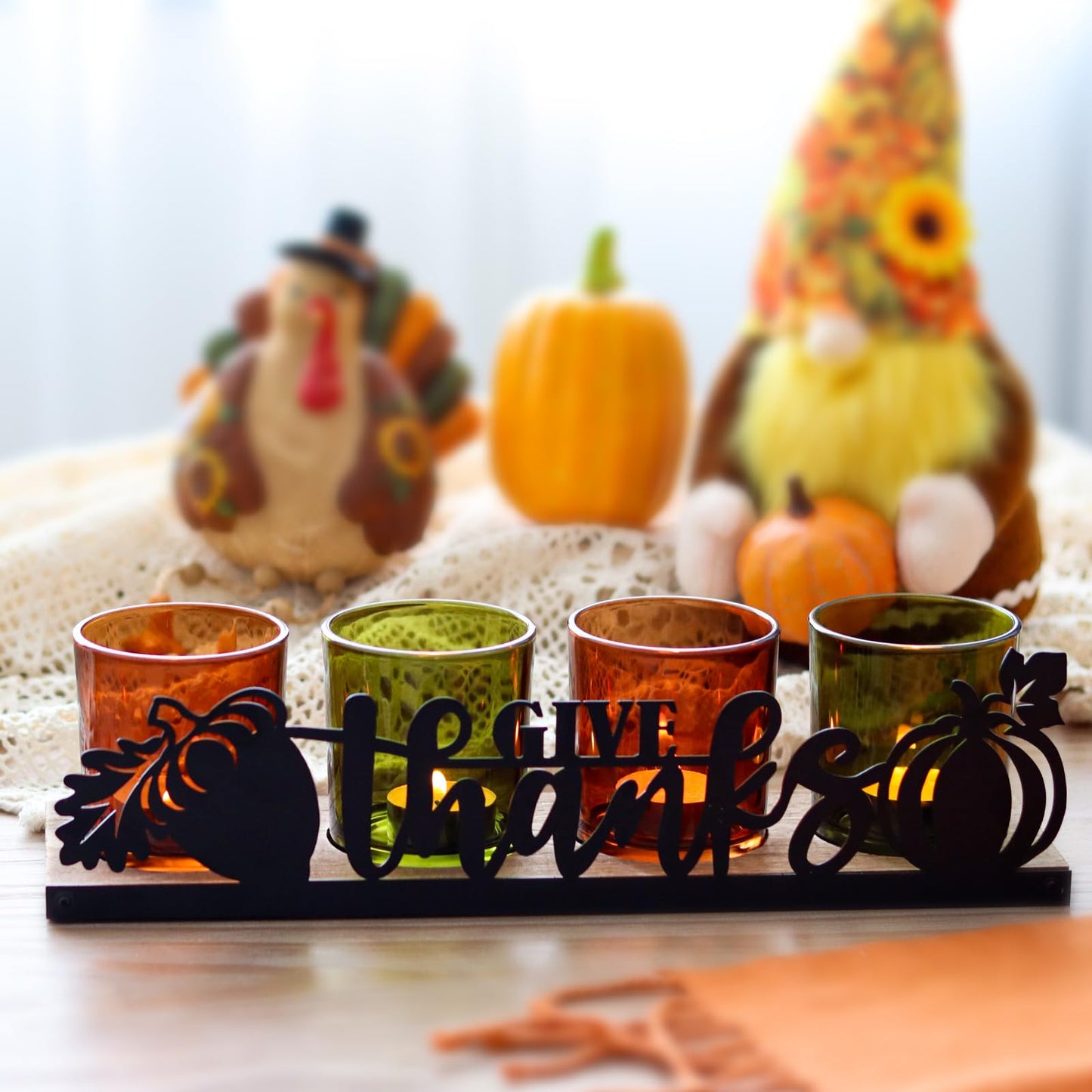 SYFURNIX Thanksgiving Centerpieces Glass Tealight Votive Candle Holder Include 1 Candle Tray & 4 Candle Holders Fall Thanksgiving Table Decorations Indoor
