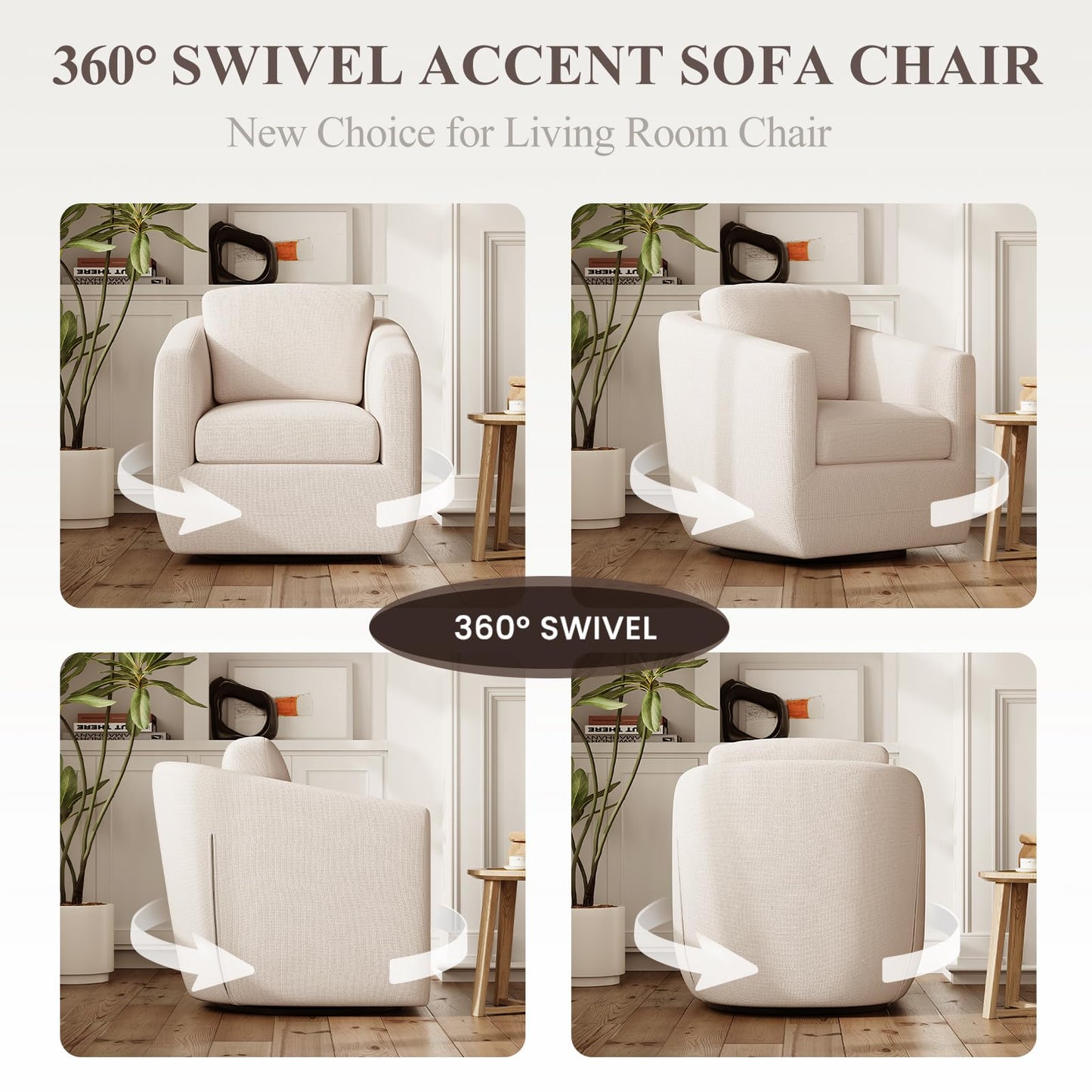 COLAMY 360° Swivel Accent Chair Set of 2, Fully Assembled Living Room Armchair with Pillow, No-Sag Foam, Sturdy Metal Base, Swivel Accent Single Sofa for Bedroom Living Room, Reading Room, Beige