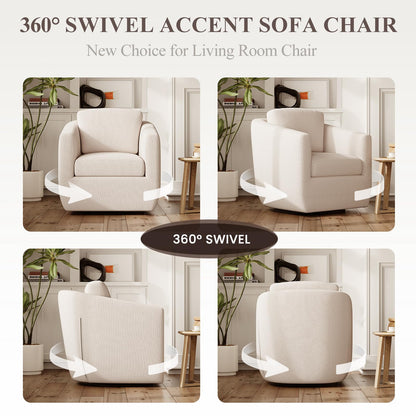 COLAMY 360° Swivel Accent Chair Set of 2, Fully Assembled Living Room Armchair with Pillow, No-Sag Foam, Sturdy Metal Base, Swivel Accent Single Sofa for Bedroom Living Room, Reading Room, Beige