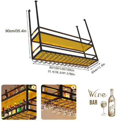 47.2IN Ceiling Wine Glass Rack with light, Acrylic Hanging Wine Rack with Glass Holder and Transparent Shelves, Wine Bottle Holder Goblet Stemware Racks Modern Home Bar Coffee Decor Rack(120CM)