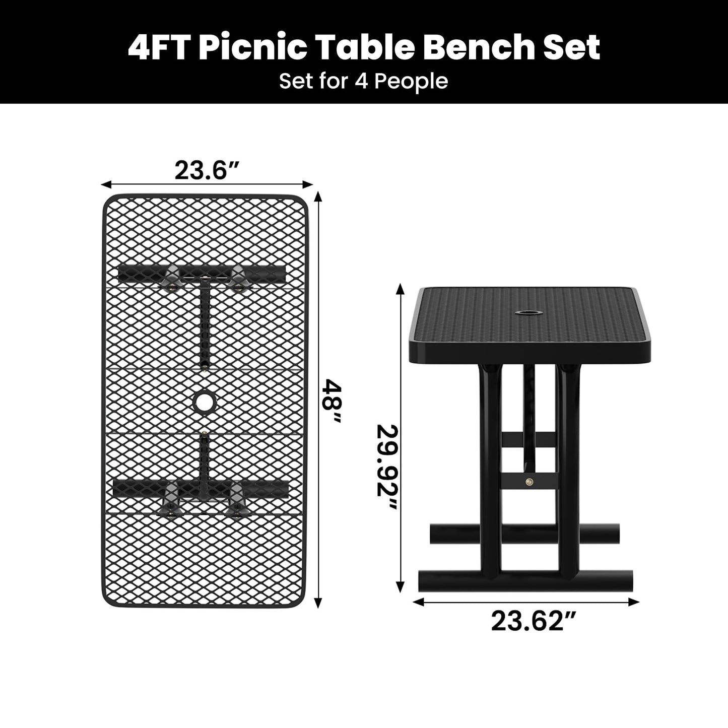 Sunnibety 4FT Metal Picnic Tables for Outdoors, Commercial Rectangular Picnic Table for Outside, Park, Campfield, Patio, Garden, Yard, Thermoplastic Coating, Surface Mounted, Black