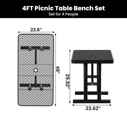 Sunnibety 4FT Metal Picnic Tables for Outdoors, Commercial Rectangular Picnic Table for Outside, Park, Campfield, Patio, Garden, Yard, Thermoplastic Coating, Surface Mounted, Black