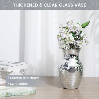 Adedeo Mosaic Glass Flower Vase for Home Decor, Handmade Glass Mosaic Vases for Living Room, Kitchen, Wedding, Office (Silver Mirror, 5 * 8 Inch)
