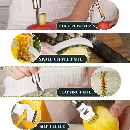 Krbnk 14PCS Fruit Carving Tools Set, Stainless Steel Melon Baller Scoop Set, Fruit Cutters Shapes, Cantaloupe Cutter Slicer Tool Piranha Spiral Cutter and V-Tool for Fruits Vegetable Sculpting