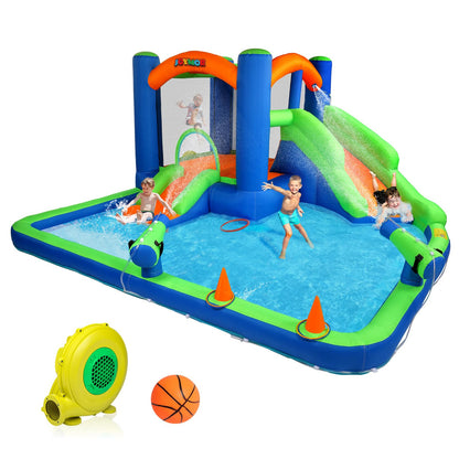 JOYMOR Inflatable Water Slide Bounce House for 3-6, 30s Blow Up Water Slide w/Basketball Hoop, Water Cannon, Ring-Toss Game, Inflatable Water Bounce House w/Slides, Air Blower (Blue/Green)