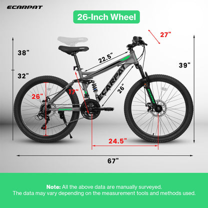 Ecarpat Full Dual Suspension 26 Inch Mountain Bike, 21-Speed Disc Brake, Front Fork Rear Shock Absorber Carbon Steel Frame Mountain Bike, Mens Womens Trail Commuter City Bicycles