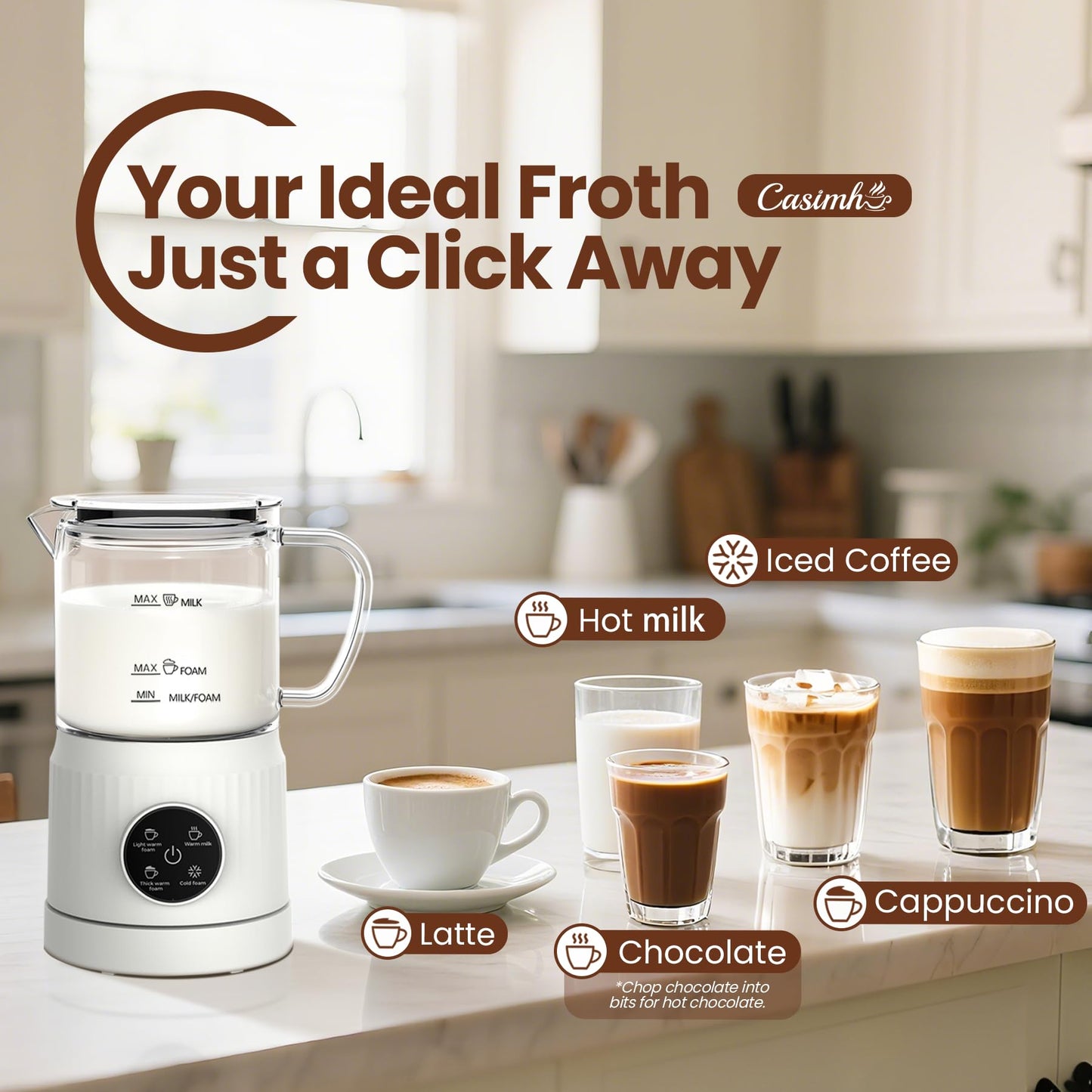 Casimhu 4-in-1 Milk Frother, Electric Milk Frother and Steamer with LED Touch Screen, Ceramic Lining Bottom, Milk Warmer 13.52oz for Lattes, Cappuccinos, and Macchiatos at Home, White