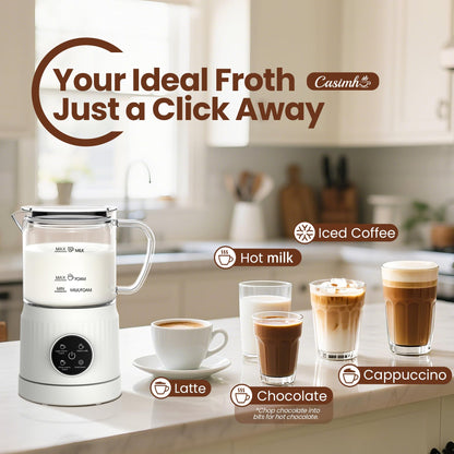 Casimhu 4-in-1 Milk Frother, Electric Milk Frother and Steamer with LED Touch Screen, Ceramic Lining Bottom, Milk Warmer 13.52oz for Lattes, Cappuccinos, and Macchiatos at Home, White