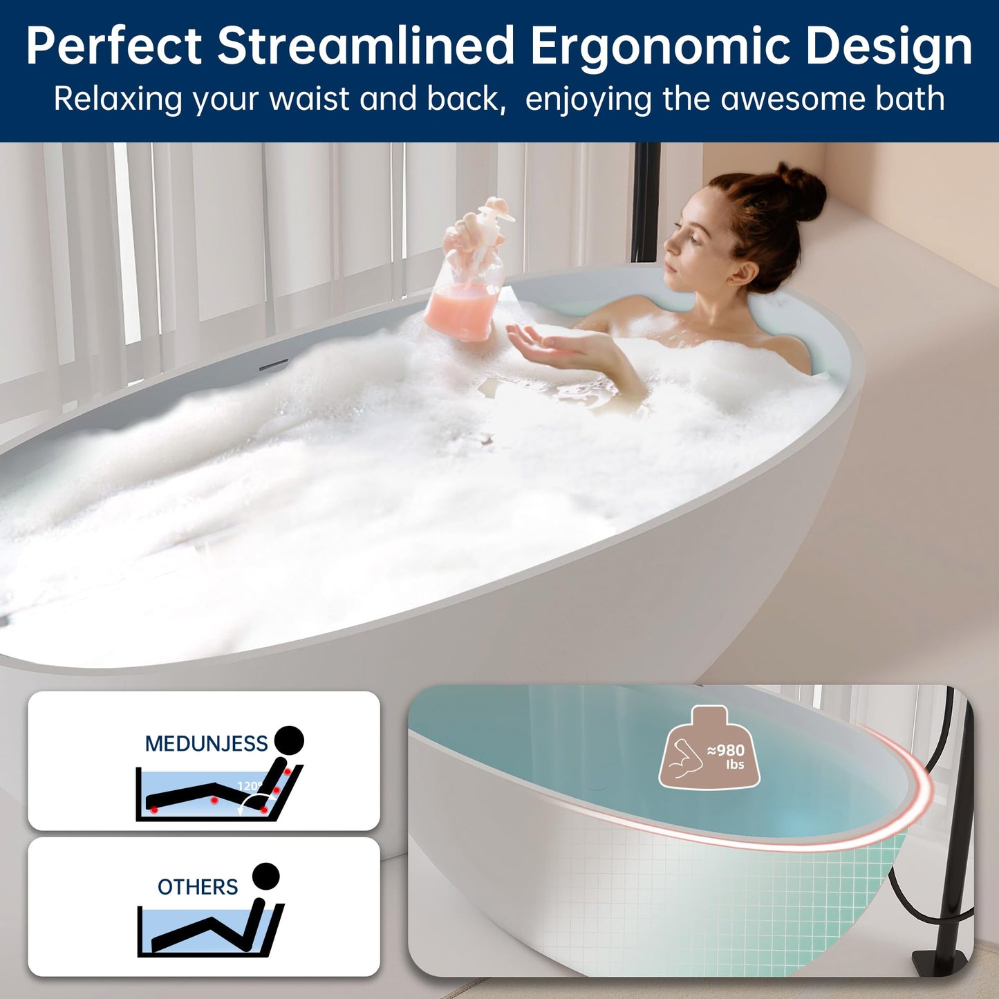 MEDUNJESS 61'' Resin Stone Soaking Bathtub Oval Solid Surface Freestanding Soaking Bathtubs Matte White Soaking Tub with Overflow and Pop up Drain - White