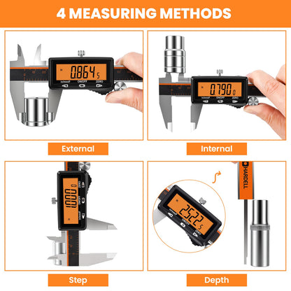 HARDELL Digital Caliper, Rechargeable Caliper Measuring Tool with Large Orange Screen, Stainless Steel Digital Micrometer with Auto-Off Feature -Inch/MM/Fraction for DIY/Household/3D-Printing