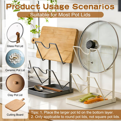 Kitchen Pot Lid Storage Rack, Double-Layer Pot Lid Organizer with Removable Drip Tray,Pot Lid Holder While Cooking,Space-Saving kitchen Countertop Organizer Storage for Pots Pans & Cutting Boards