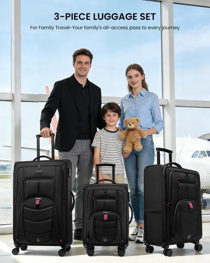 LOVEVOOK 3-Piece Set(22/24/28) Softside Luggage Suitcase with 15.6 Inch Laptop Compartment, Suitcase with Spinner Wheels, Large Capacity Luggage with TSA Lock for Business &Family Trip Travel, Black