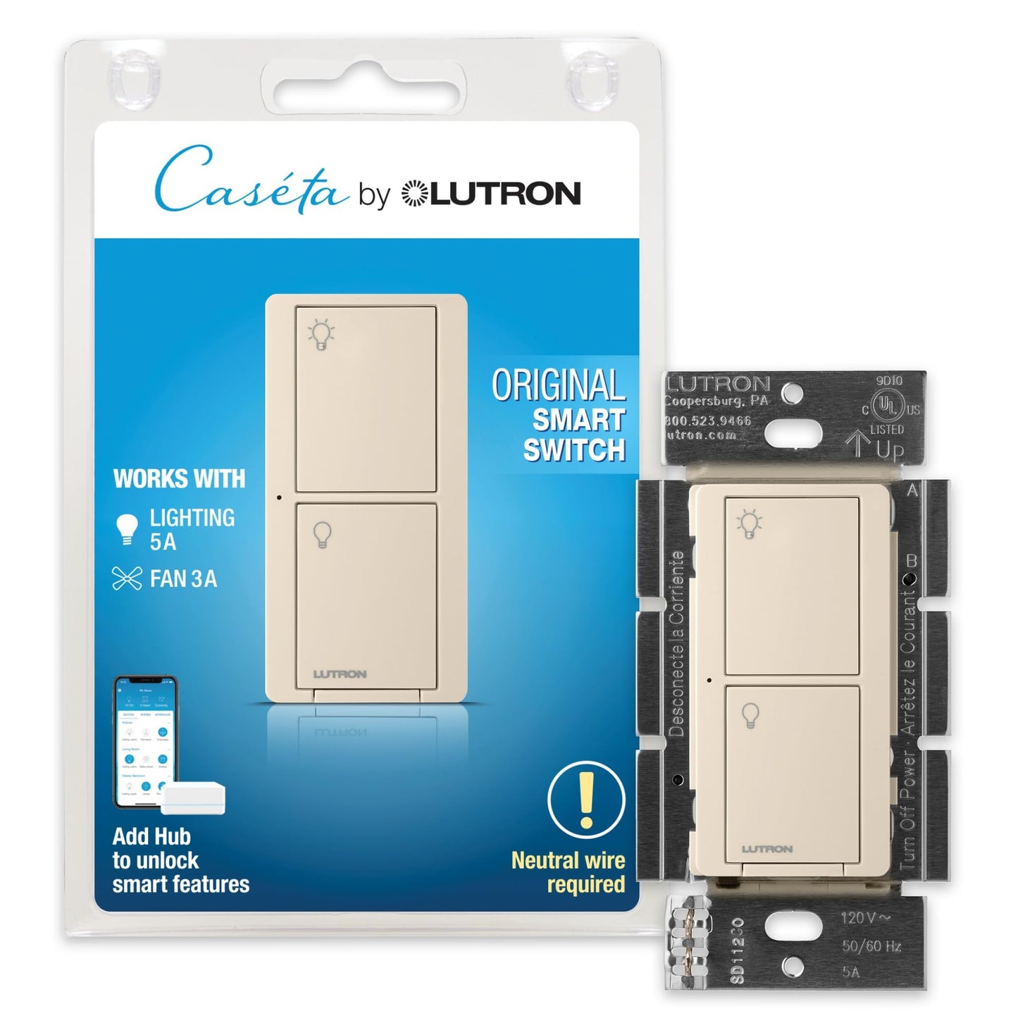 Lutron Caseta Original Smart Light Switch (Lutron Smart Hub Required), for Home, LED Lights, and Fans, 6 Amp, Single-Pole/3-Way, Neutral Required, PD-6ANS-WH, White