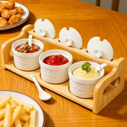 Acshio 10 Pack Sauce Serving Dish, 5 Oz Ceramic Chip Dip Sauce Bowls with Spoons Lids for Party, 3 Condiment Seasoning Jars with Bamboo Tray for Snacks, Appetizers, Sauces