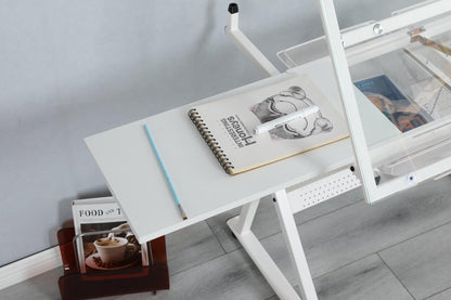 Adjustable Tempered Glass Drafting Table with Chair,Ergonomic Tilting (0-75°) & Height-Adjustable (31.5"-49.5"),Anti-Slip Feet,Storage Drawers for Drawing,Painting,Office Work,Artists,Designers,White