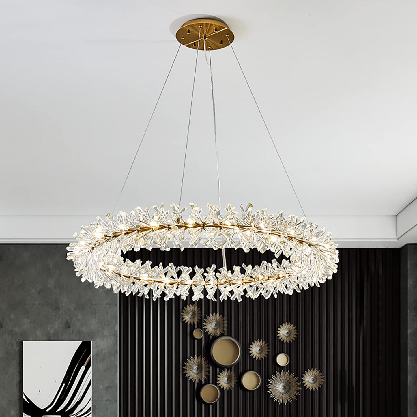 Axamate Modern Crystal Chandeliers D24 Gold Ring Chandelier Light Fixture Adjustable Hanging Ceiling Light for Living Room Bedroom Dining Room Laundry Room Foyer Kitchen Island