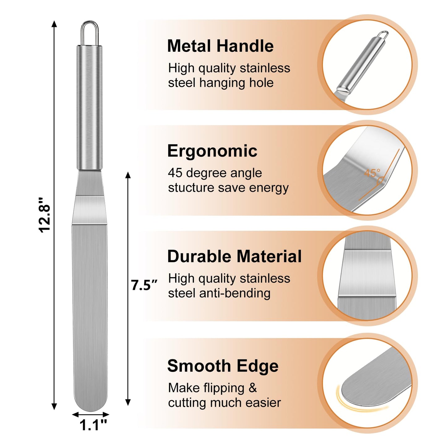 Crepe Spreader and Spatula Kit, Metal Handle Curved Offset Spacula 12", Stainless Steel 7" & 5" T-Shaped Batter Spreaders, Pancake Tool, Crepes Turner Sticks Fit Any Crepe Pan Maker, Pack of 3