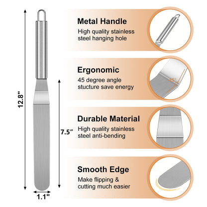 Crepe Spreader and Spatula Kit, Metal Handle Curved Offset Spacula 12", Stainless Steel 7" & 5" T-Shaped Batter Spreaders, Pancake Tool, Crepes Turner Sticks Fit Any Crepe Pan Maker, Pack of 3